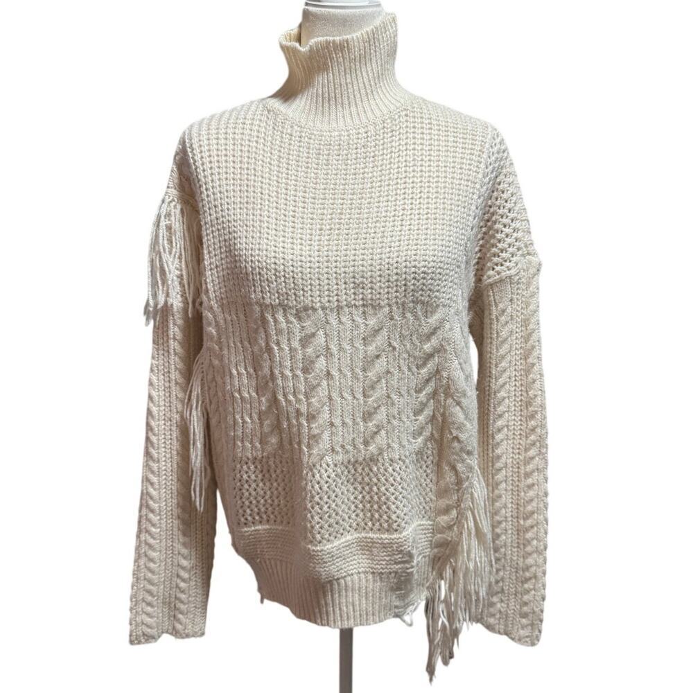 Free Generation Los Angeles Cream Cowl Neck Distressed Fringe Sweater in Sz M